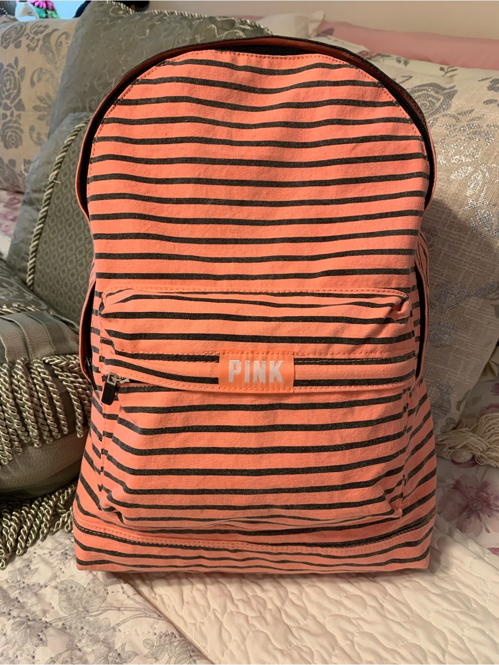 PINK Victoria's Secret Coral Pink and Black Striped Canvas Backpack